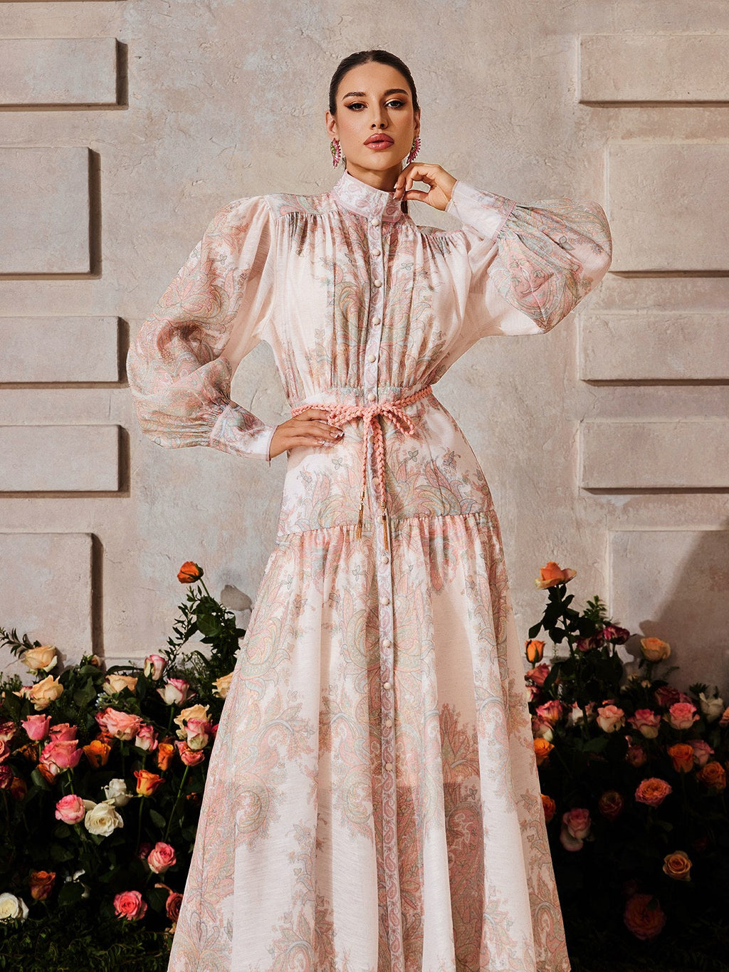 Mandarin Collar Bishop Sleeve Button Front Rope Belt Floral Print Maxi Dress