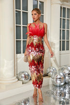 Yvaine Strapless Red Dress with Feathers and Sequins