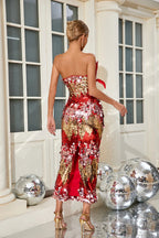 Yvaine Strapless Red Dress with Feathers and Sequins