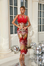 Yvaine Strapless Red Dress with Feathers and Sequins