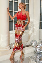 Yvaine Strapless Red Dress with Feathers and Sequins