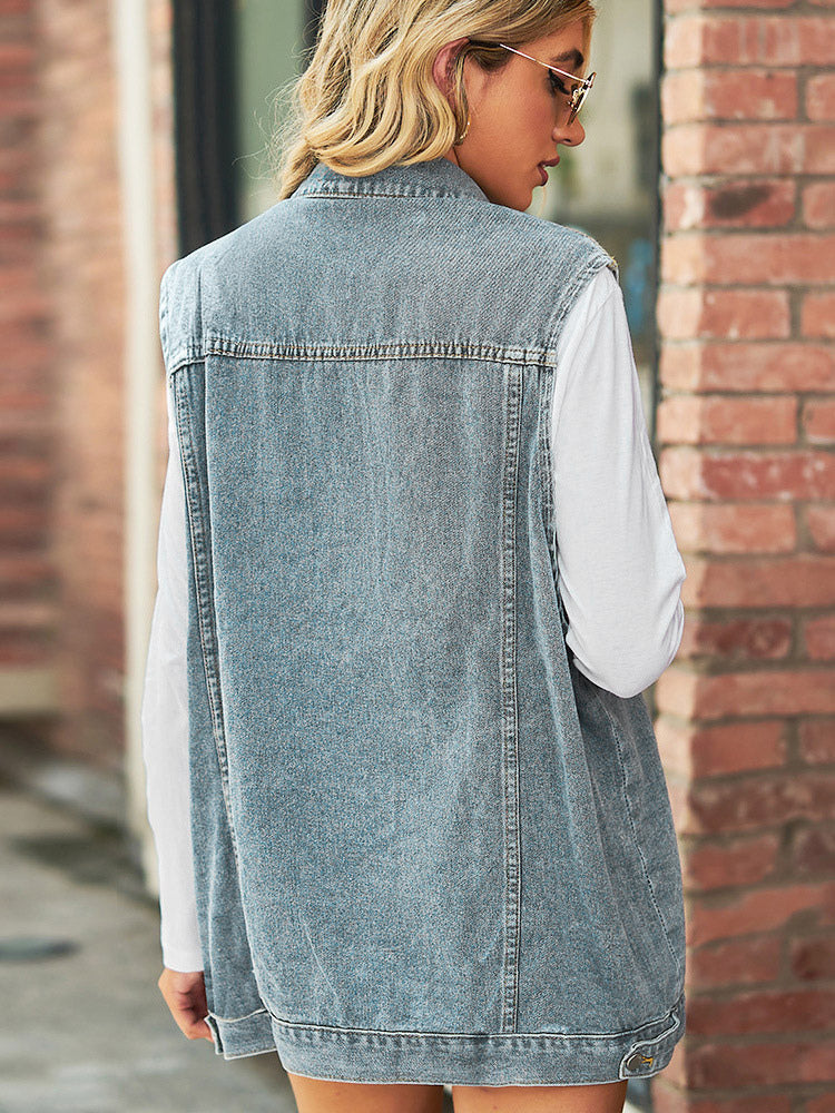 Oversized Denim Vest For Women - Vintage Distressed Sleeveless Long Jean Jacket Coat - Spring Summer Chic Streetwear 2026