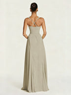 Party Dress Maxi Beige Halter Pleated Sleeveless Backless Chic Semi Formal Dress