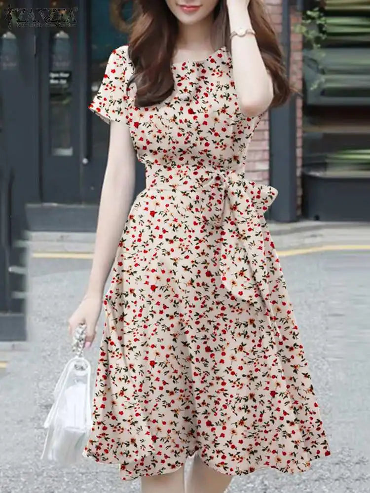 Ditsy Floral Print Round Neck Tie Waist A-Line Midi Dress