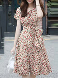 Ditsy Floral Print Round Neck Tie Waist A-Line Midi Dress