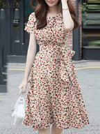 Ditsy Floral Print Round Neck Tie Waist A-Line Midi Dress