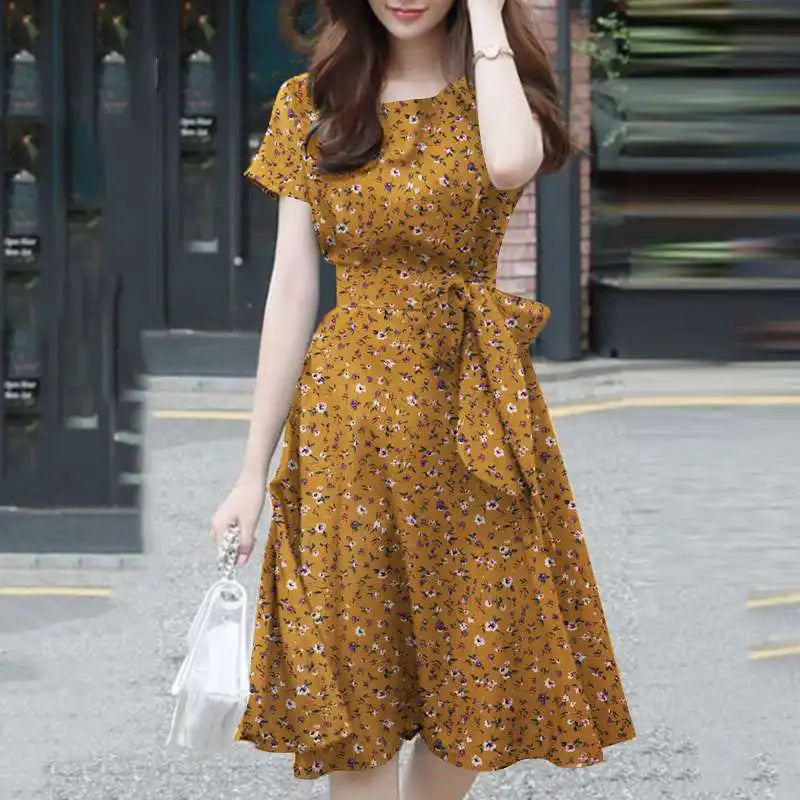 Ditsy Floral Print Round Neck Tie Waist A-Line Midi Dress