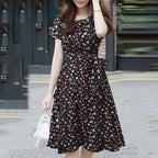 Ditsy Floral Print Round Neck Tie Waist A-Line Midi Dress