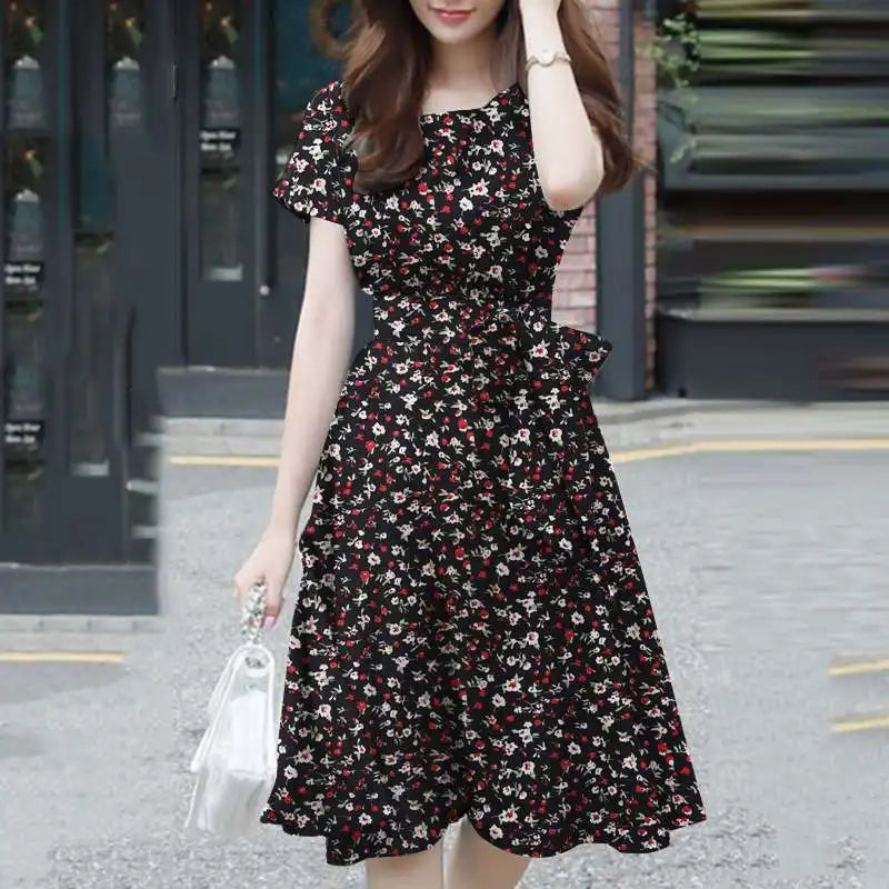 Ditsy Floral Print Round Neck Tie Waist A-Line Midi Dress