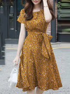 Ditsy Floral Print Round Neck Tie Waist A-Line Midi Dress