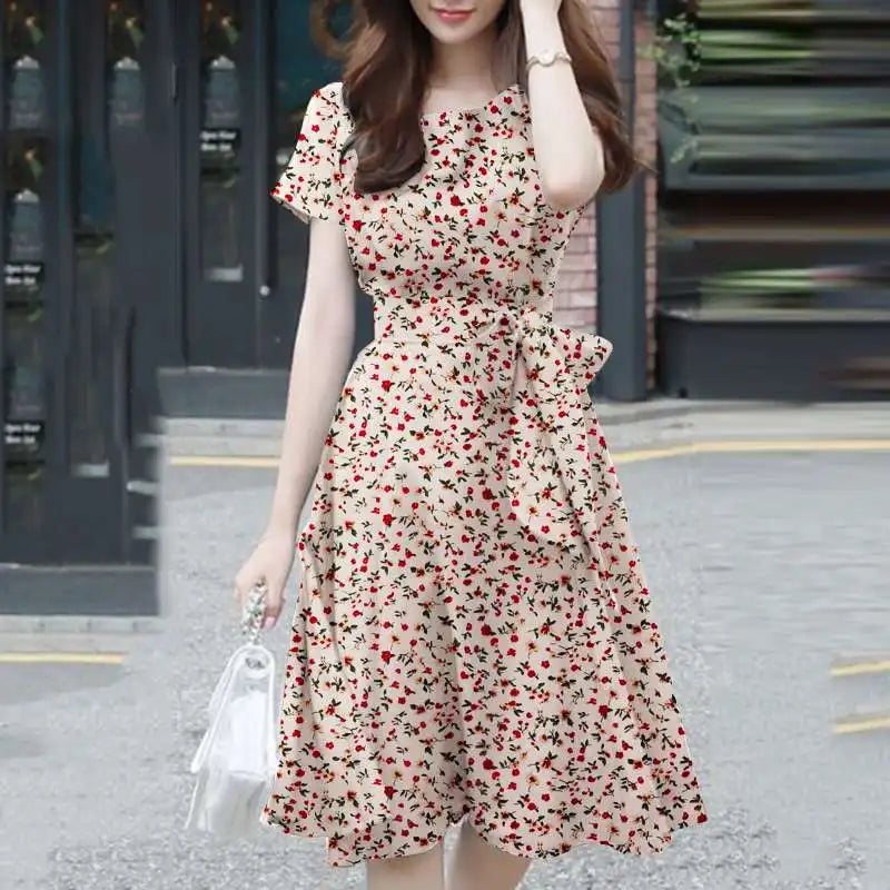 Ditsy Floral Print Round Neck Tie Waist A-Line Midi Dress