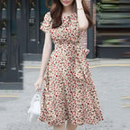 Ditsy Floral Print Round Neck Tie Waist A-Line Midi Dress