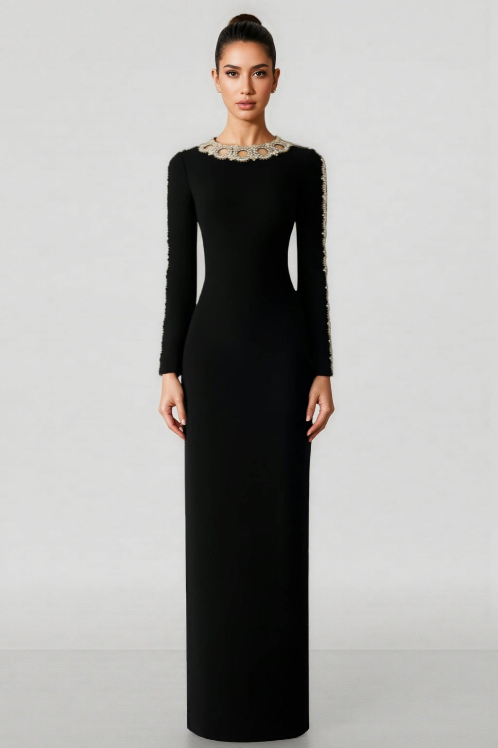 Eiratk Black Openwork Beaded Maxi Dress