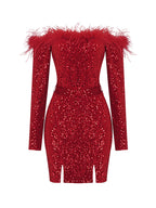 RETA Feathers & Sequins Mini Dress