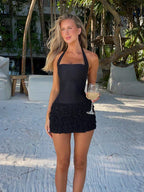 Corset Square Neck Halter Bodice Textured Ruffle Tier Mini Dress