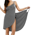 Striped Spaghetti Strap Backless Wrap Midi Dress