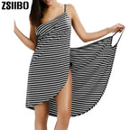 Striped Spaghetti Strap Backless Wrap Midi Dress