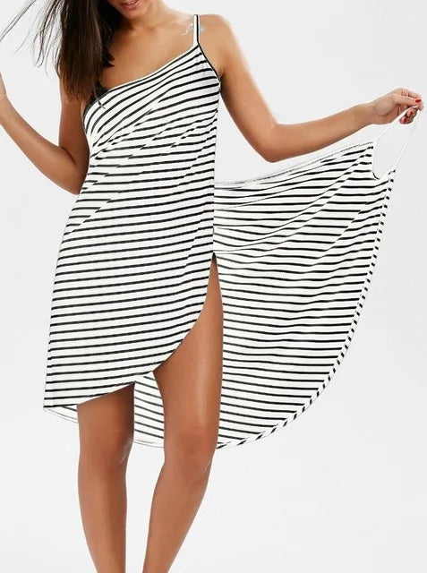 Striped Spaghetti Strap Backless Wrap Midi Dress