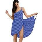 Striped Spaghetti Strap Backless Wrap Midi Dress