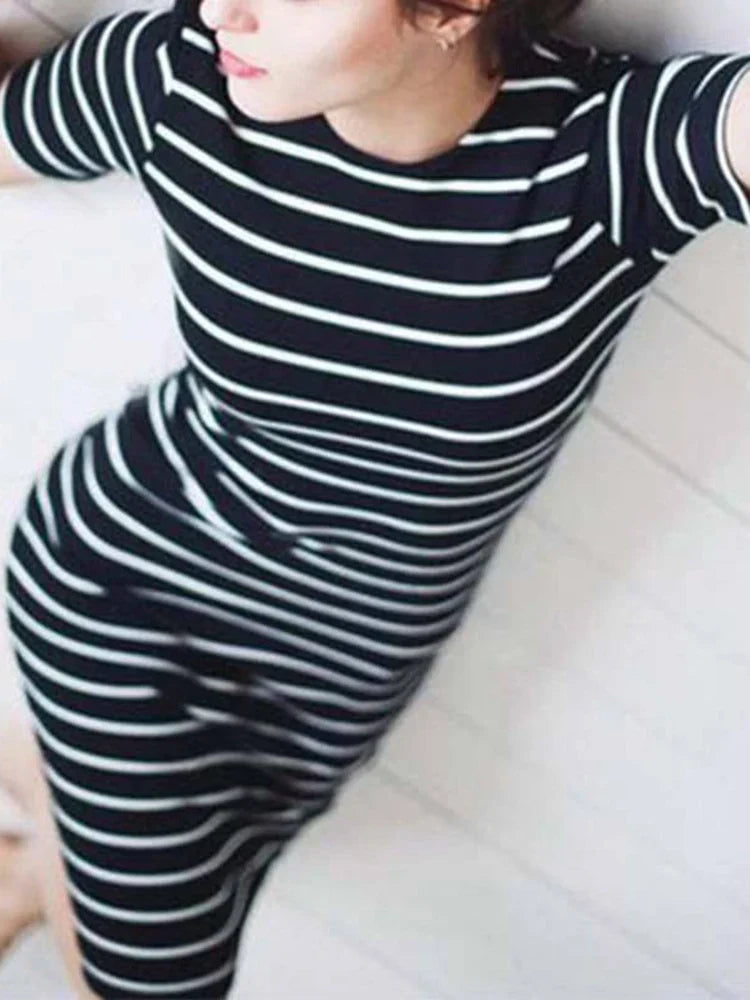 Horizontal Stripe Short Sleeve Crew Neck Ribbed Bodycon Midi Dress