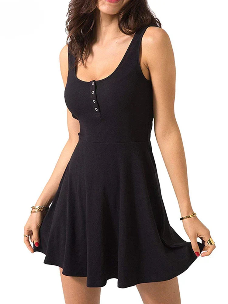 Scoop Neck Henley Button Front Fit And Flare Skater Mini Dress