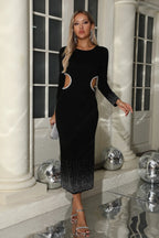 Zaria Long Sleeve Rhinestone Black Maxi Dress with Cut Out