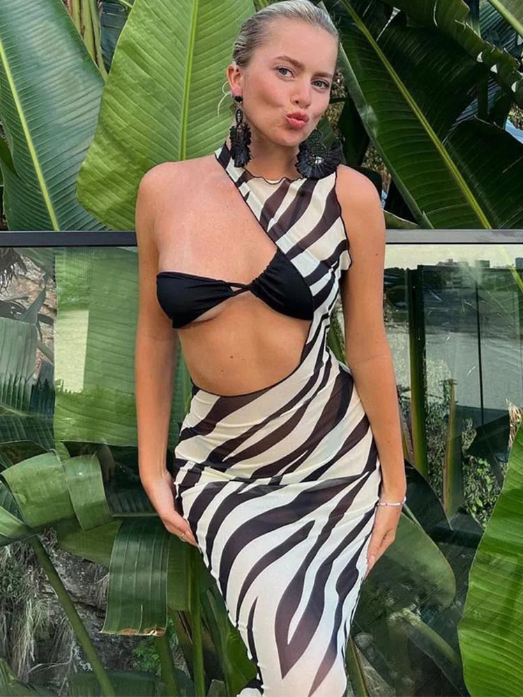 Zebra Print One Shoulder Asymmetrical Cutout Bandeau Twist Bodycon Midi Dress