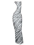 Zebra Print One Shoulder Midriff Cutout Bodycon Midi Dress