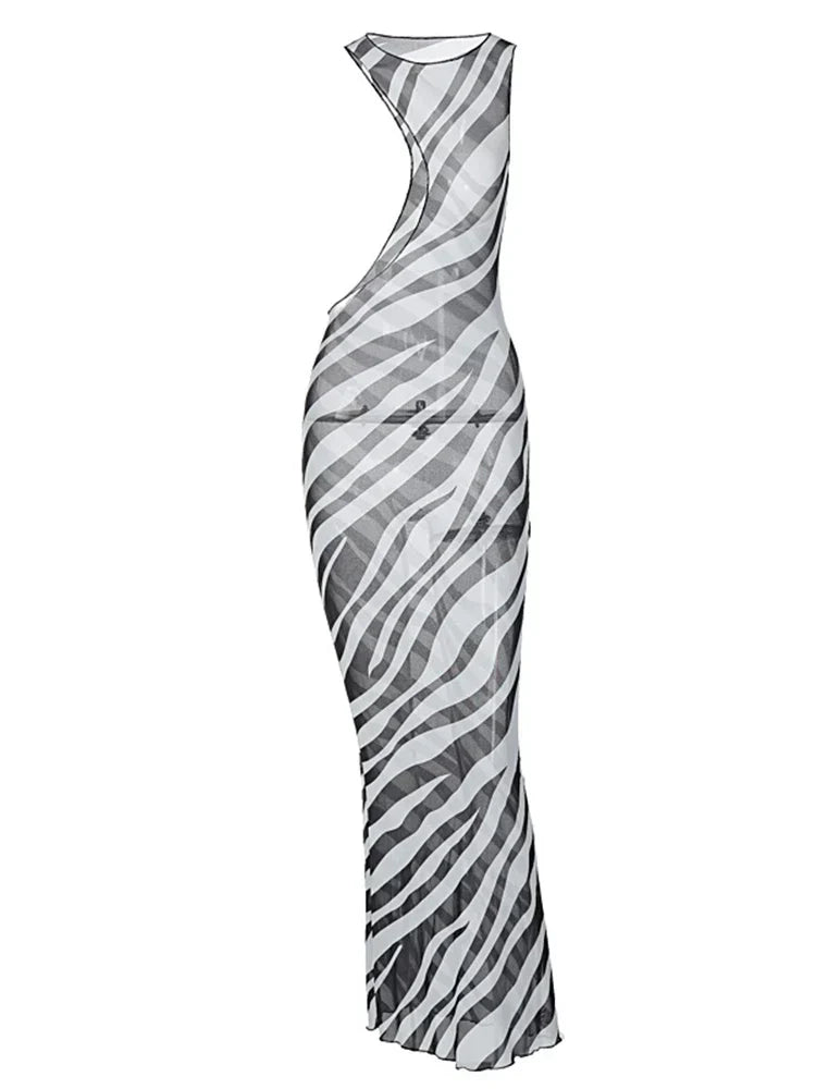 Zebra Print One Shoulder Midriff Cutout Bodycon Midi Dress