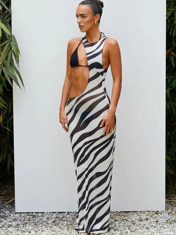 Zebra Print One Shoulder Asymmetrical Cutout Bandeau Twist Bodycon Midi Dress