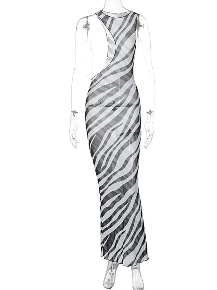 Zebra Print One Shoulder Midriff Cutout Bodycon Midi Dress
