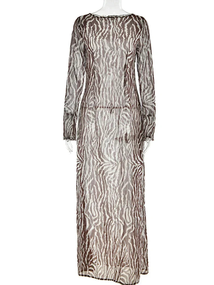 Zebra Print Crew Neck Bell Sleeve Bodycon Maxi Dress
