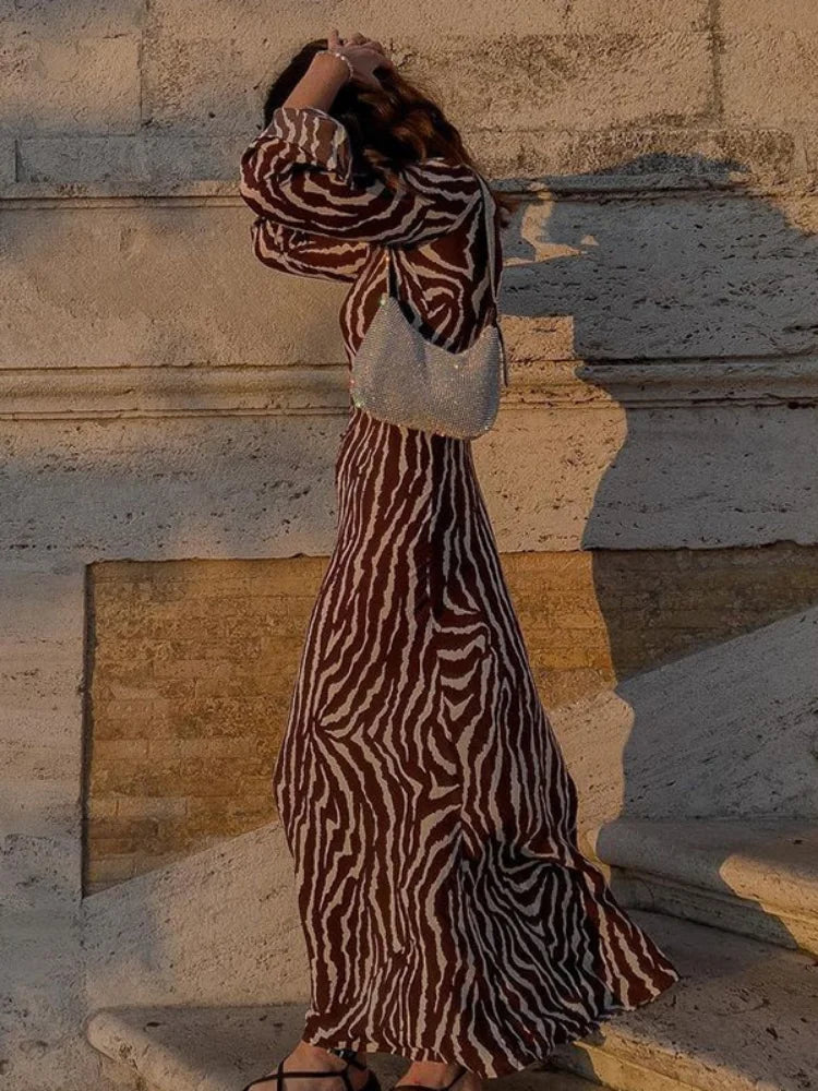Zebra Print Crew Neck Bell Sleeve Bodycon Maxi Dress