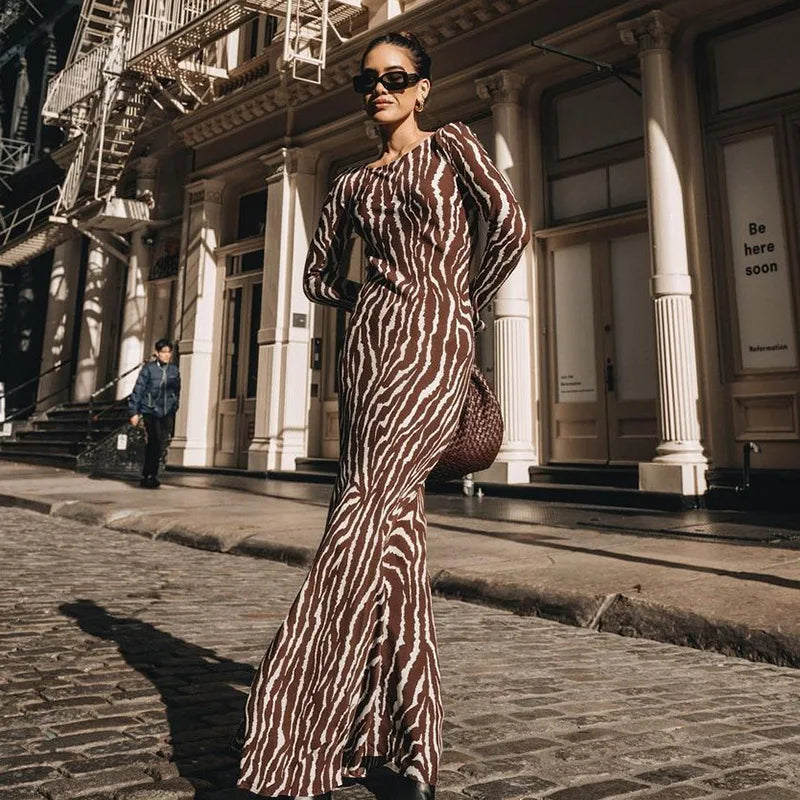 Zebra Print Crew Neck Bell Sleeve Bodycon Maxi Dress