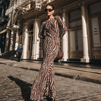 Zebra Print Crew Neck Bell Sleeve Bodycon Maxi Dress