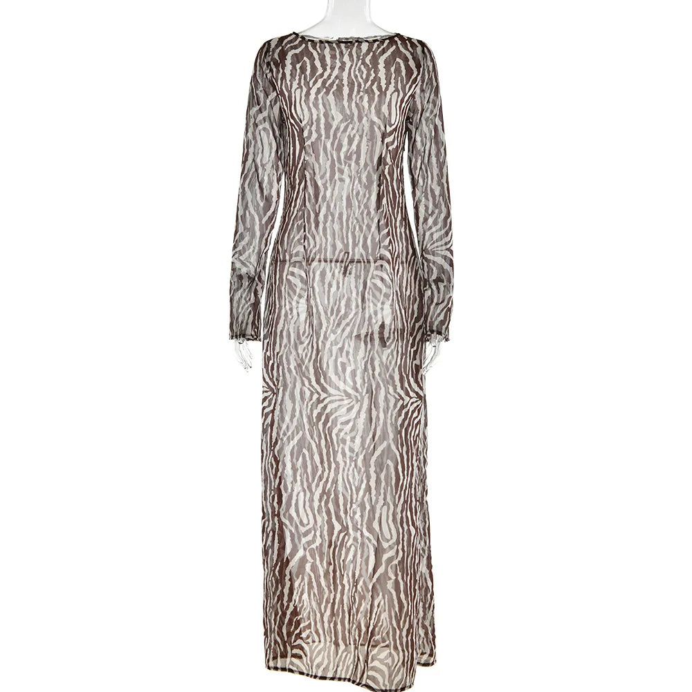 Zebra Print Crew Neck Bell Sleeve Bodycon Maxi Dress