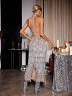 Rhinestone Mirror Stud Illusion Halter Tiered Fringe Midi Skirt Set