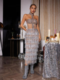 Rhinestone Mirror Stud Illusion Halter Tiered Fringe Midi Skirt Set