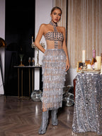 Rhinestone Mirror Stud Illusion Halter Tiered Fringe Midi Skirt Set