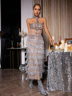 Rhinestone Mirror Stud Illusion Halter Tiered Fringe Midi Skirt Set