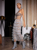 Rhinestone Mirror Stud Illusion Halter Tiered Fringe Midi Skirt Set