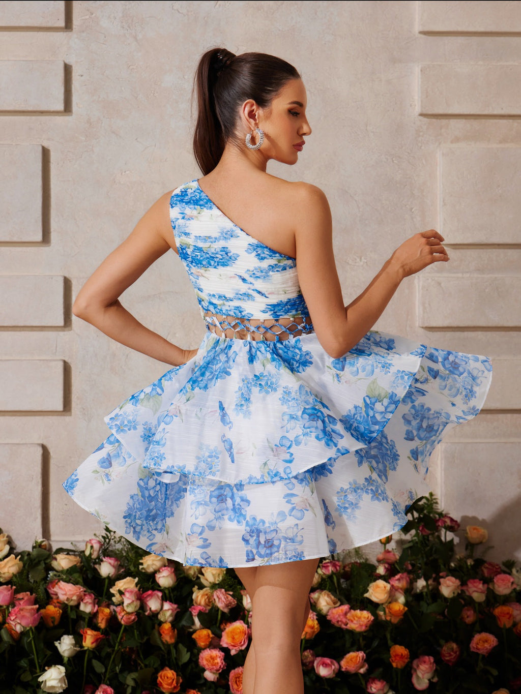 One Shoulder Floral Print Tiered Ruffle Mini Dress with Lattice Waist Cut Out