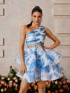 One Shoulder Floral Print Tiered Ruffle Mini Dress with Lattice Waist Cut Out