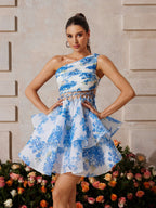 One Shoulder Floral Print Tiered Ruffle Mini Dress with Lattice Waist Cut Out