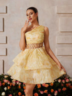 One Shoulder Floral Print Tiered Ruffle Mini Dress with Lattice Waist Cut Out