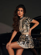 Mirror Mosaic Mock Neck Short Sleeve Flared Mini Dress