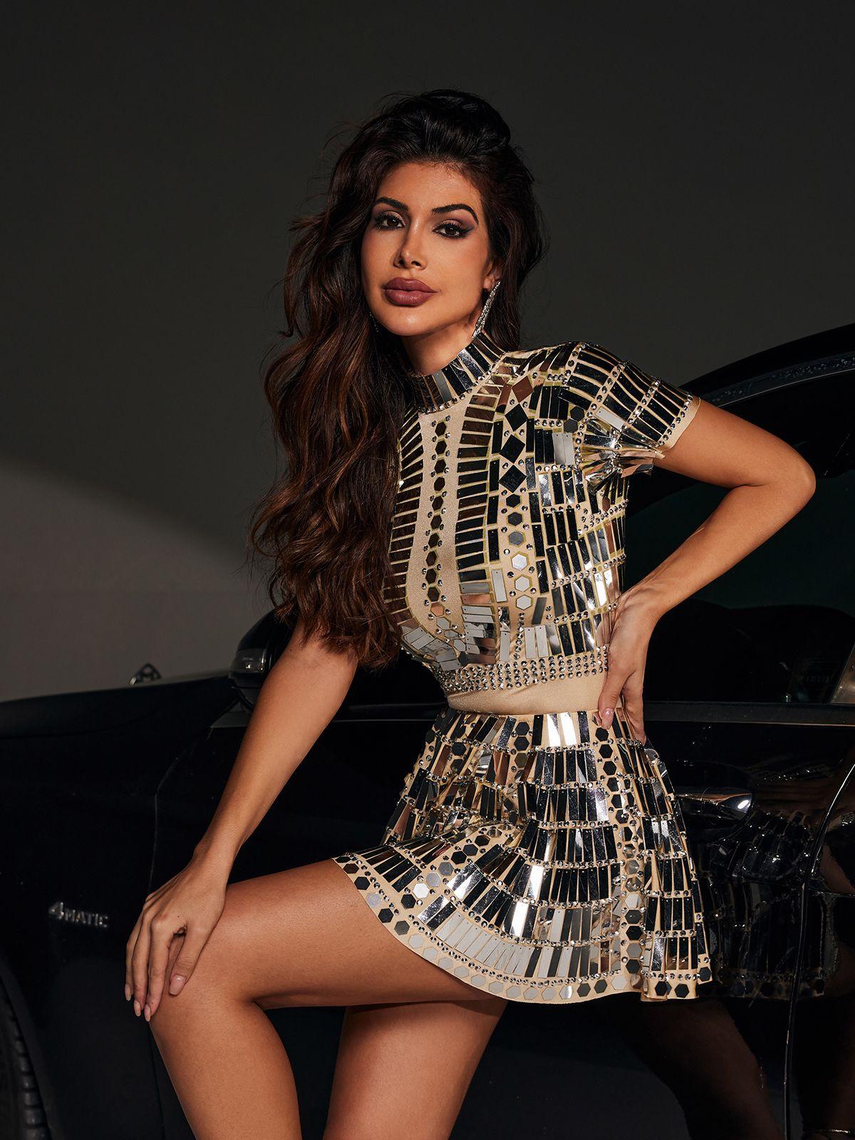 Mirror Mosaic Mock Neck Short Sleeve Flared Mini Dress