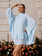 Mock Neck Cape Sleeve Tiered Ruffle High Low Mini Dress