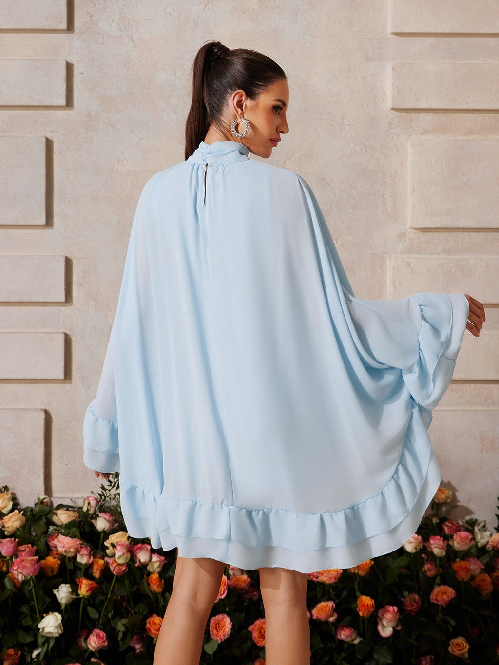 Mock Neck Cape Sleeve Tiered Ruffle High Low Mini Dress