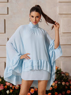Mock Neck Cape Sleeve Tiered Ruffle High Low Mini Dress